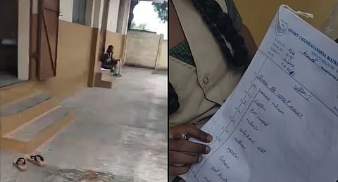Visuals from the viral video show the student seated outside the classroom, forced to write the exam without a table or chair.