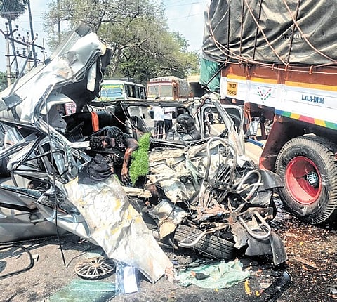 The mangled remains of the car that was involved in the accident