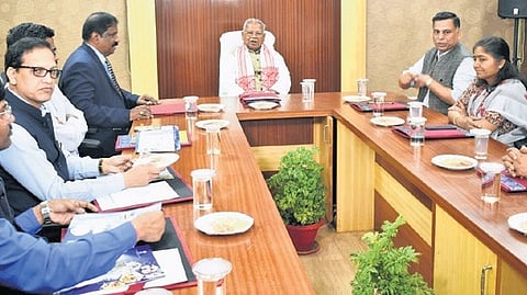 Union Minister for MSME Jitan Ram Manjhi taking a review of activities at Central Tool Room and Training Centre in Bhubaneswar on Thursday.