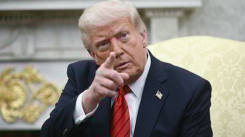 US President Donald Trump takes questions from members of the media as he meets with Italian Prime Minister Giorgia Meloni in the Oval Office of the White House in Washington, DC, on April 17, 2025.