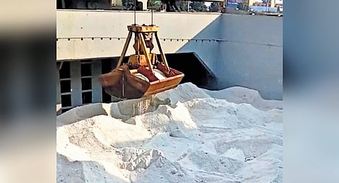 Salt brought from Gujarat being unloaded at Thoothukudi VOC Port.
