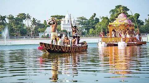 Priests performing rituals on the concluding day of the Chandan Yatra on Thursday.