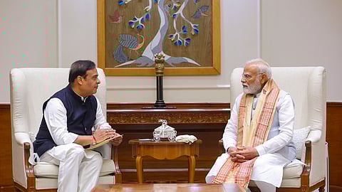 Prime Minister Narendra Modi with Assam Chief Minister Himanta Biswa Sarma during a meeting, in New Delhi on April 19, 2025.