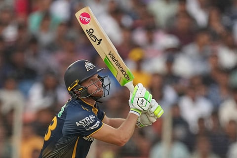 Gujarat Titans' Jos Buttler plays a shot during the Indian Premier League match against Delhi Capitals (Photo | AP)