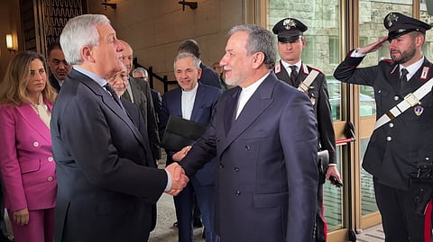 In this handout video grab taken from a footage released by the Italian Foreign Ministry on April 19, 2025, Italy's Foreign Minister Antonio Tajani (L) meets with Iranian Foreign Minister Abbas Araqchi at the Italian Foreign Ministry in Rome before nuclear talks Iran - United States at the Omani embassy.