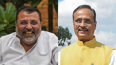 (L-R) BJP's Lok Sabha MP Nishikant Dubey and Rajya Sabha MP Dinesh Sharma.
