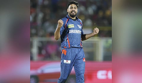LSG's Avesh Khan during their match against Rajasthan Royals on Saturday.