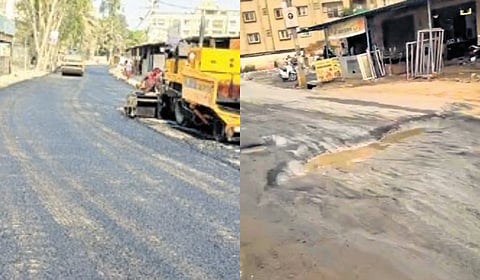 The Balagere-Panathur main road before the rain when the road was laid (L) and the condition after the rain.