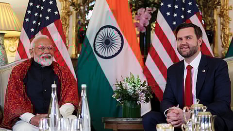 US Vice President JD Vance, right, and Prime Minister Narendra Modi attend a bilateral meeting at the residence of the US Ambassador on the sidelines of the Artificial Intelligence Action Summit in Paris, Feb. 11, 2025.