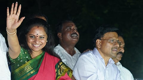 BRS MLC K Kavitha recieves a warm welcome by BRS activists at Kallur mandal of Khammam district