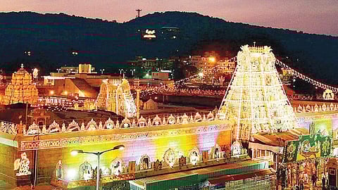 A view of the Tirumala Tirupati Devasthanams at dusk.