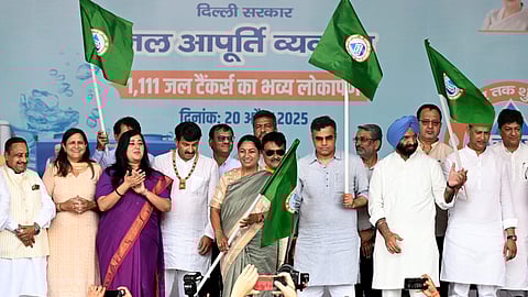 Delhi Chief Minister Rekha Gupta with Water Minister Parvesh Verma and BJP MP Bansuri Swaraj flags off 1,111 tankers fitted with a location tracking system to boost water supply in the city during summer, in New Delhi on Sunday.