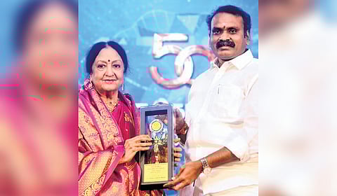 Union Minister L Murugan presenting a commemorative award to Padma Subrahmanyam, during the golden jubilee celebration of Doordarshan Chennai on Sunday