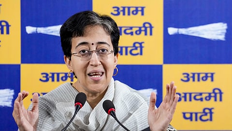 AAP leader Atishi addresses a press conference at the party office, in ??New Delhi, Monday, April 21, 2025.