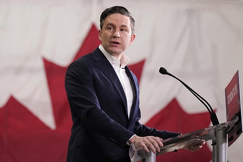 Canada Federal Conservative Leader Pierre Poilievre appears at a federal election campaign event in Brampton, Ontario, on March 24, 2025.