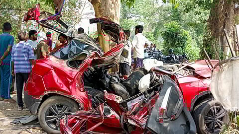 Wreckage of a car after it rammed into a tree, in Kushinagar district, Uttar Pradesh, late Sunday night, April 20, 2025