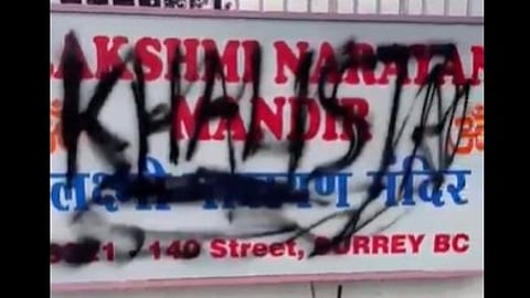 In a video shared by Canadian Hindu Chamber of Commerce on 'X', the temple's signboard had the word 'Khalistan' graffiti-ed on it.