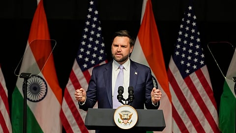 US Vice President JD Vance speaks at the Rajasthan International Center in Jaipur, India, Tuesday, April 22, 2025.