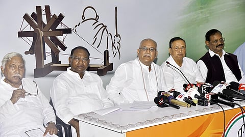 Former Chhattisgarh chief minister and senior Congress leader Bhupesh Baghel addressing media at Bhubaneswar.