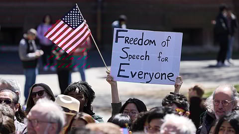 Students, faculty and members of the Harvard University community rally, Thursday, April 17, 2025, in Cambridge, Mass.
