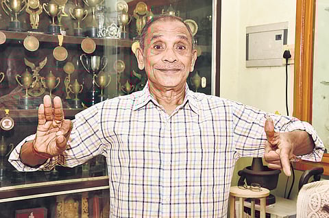 Muraleedharan Pillai shows a kathakali ‘mudra’ at his residence in Pathanamthitta. (Right) Pillai in kathakali attire