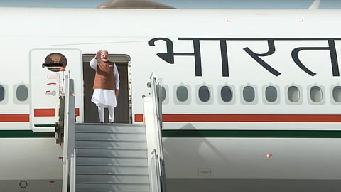 Prime Minister Narendra Modi emplanes for Jeddah, Saudi Arabia, in New Delhi.