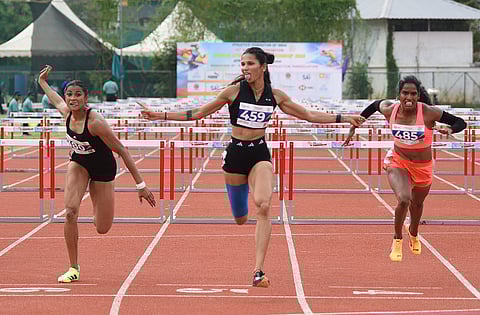 Jyothi Yarraji wins the 100m hurdles at the 28th National Federation Senior Athletics Commpetition in Kochi on Tuesday