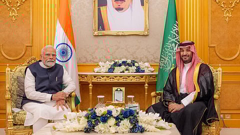 Prime Minister Narendra Modi meets with Saudi Crown Prince Mohammed bin Salman in Jeddah on Tuesday.