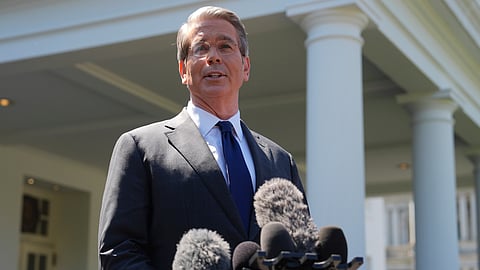 US Treasury Secretary Scott Bessent speaks to reporters outside the West Wing of the White House, Wednesday, April 9, 2025, in Washington.