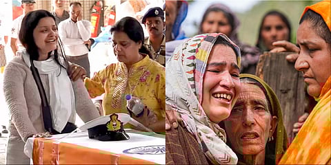 Family members of Vinay Narwal, a 26-year-old naval officer who was killed in the terrorist attack in Pahalgam, pay their last respects to his mortal remains (L). Family members of Syed Adil Hussain Shah, a local horse rider who was killed in the attack mourning his death (R).