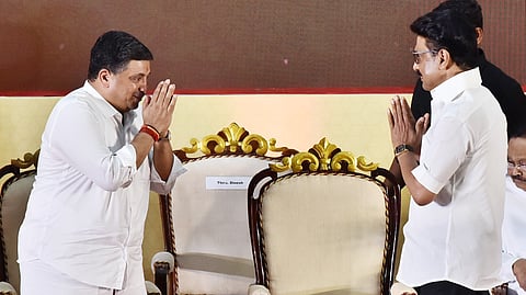 The Chief Minister MK Stalin being received by the IT minister PTR Panvel Rajan at a function held to launch the book `Valkai Varlaru, written on the life of first Minister of Madras Presidency late PT Rajan, in Chennai on Tuesday.