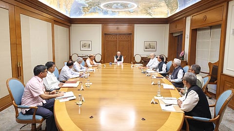 Prime Minister Narendra Modi chairs a meeting of the Cabinet Committee On Security (CCS) at his residence in Delhi, Wednesday, April 23, 2025.