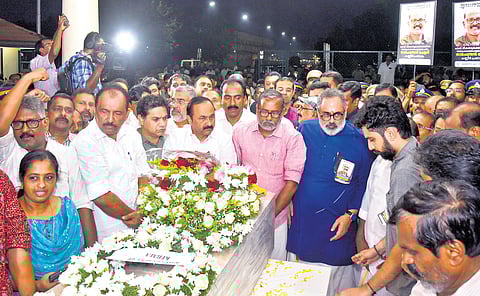 Political leaders, including Minister P Prasad, Leader of Opposition V D Satheesan, MPs Hibi Eden and Benny Behanan, BJP state president Rajeev Chandrasekhar, MLA Anwar Sadath, District Collector N S K Umesh and others pay tributes to N Ramachandran at the airport as his mortal remains were brought to Kochi on Wednesday