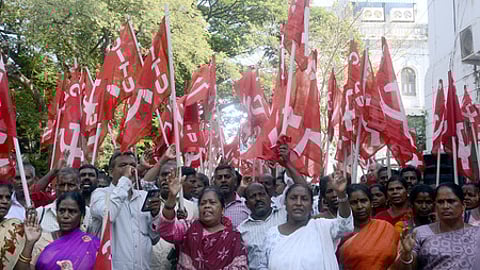 Sanitary workers protest at Ripon building for numerous demands including the proper maintenance of BOVs used by sanitary workers on a regular basis. Express/ Martin Louis. Praveena story.