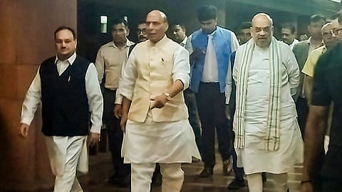 Defence Minister Rajnath Singh, Home Minister Amit Shah and BJP National President JP Nadda leave after the all-party meeting (Photo | PTI)