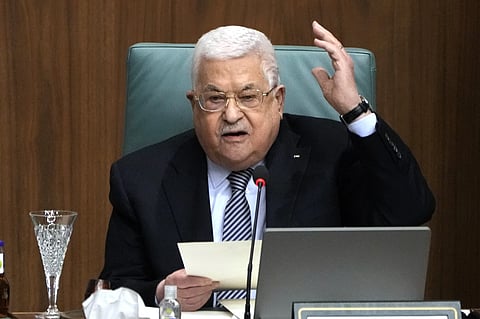 Palestinian President Mahmoud Abbas speaks during a conference at the Arab League headquarters in Cairo, Feb. 12, 2023.