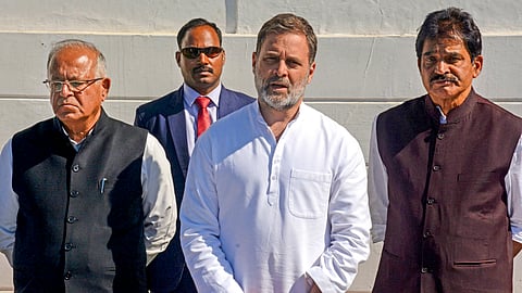 LoP in the Lok Sabha Rahul Gandhi, senior Congress leader KC Venugopal and JKPCC chief Tariq Karra during a press conference, in Srinagar, Friday, April 25, 2025. Rahul is on a visit to Kashmir to review the situation following the Pahalgam attack.