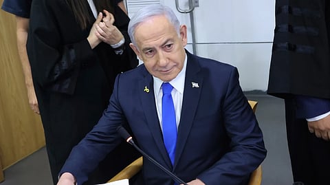 Israeli Prime Minister Benjamin Netanyahu attends his trial on corruption charges at the district court in Tel Aviv, Israel, Monday, April 21, 2025.