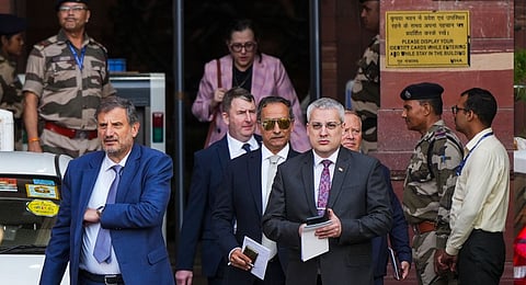 Diplomats leave the Ministry of External Affairs at South Block after India briefed envoys of the US, the UK, France, China, Russia, Germany and several other countries on the Pahalgam terror attack and its link to cross-border terrorism, in New Delhi, Thursday, April 24, 2025.