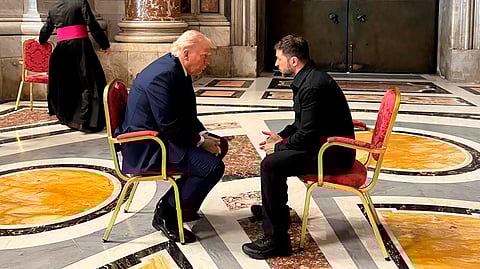 Ukraine's President Volodymyr Zelenskyy, right, and US President Donald Trump, talk as they attend the funeral of Pope Francis in Vatican, Saturday, April 26, 2025.