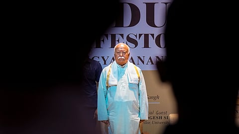 Rashtriya Swayamsevak Sangh (RSS) Chief Mohan Bhagwat during the launch of the book 'Hindu Manifesto' by Swami Vigyananand, at the PM Museum in New Delhi, Saturday, April 26, 2025.