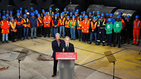 Liberal Leader Mark Carney makes an announcement during a tour of Algoma Steel in Sault Ste. Marie, Ontario, on Friday, April 25, 2025.