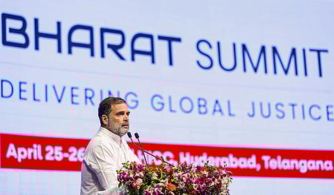 In this image released by AICC on April 26, 2025, Leader of Opposition in Lok Sabha Rahul Gandhi addresses the 'Bharat Summit
