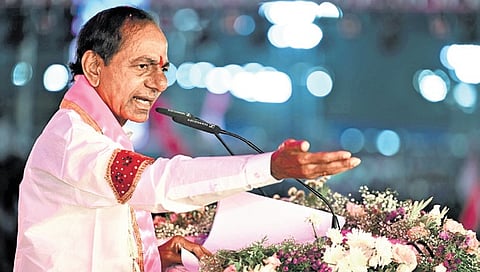 BRS supremo K Chandrasekhar Rao addresses a public meeting at Elkathurthy on Sunday
