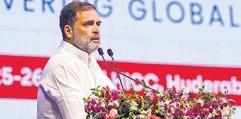 Leader of Opposition in Lok Sabha Rahul Gandhi addresses the 'Bharat Summit 2025', in Hyderabad, Telangana.
