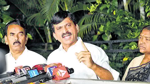 Revenue Minister Ponguleti Srinivasa Reddy addresses the media in Hyderabad.