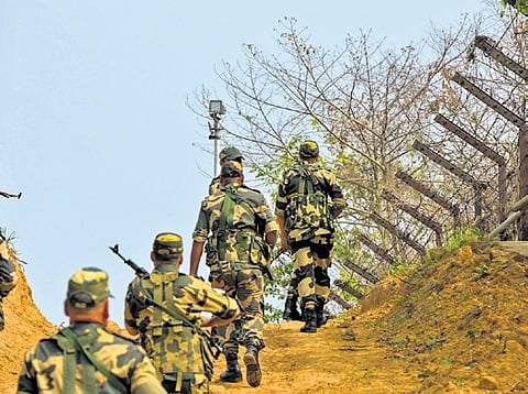 BSF patrol along India-Bangladesh border in Agartala amid high alert.