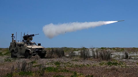 A U.S. Marine Air Defense Integrated System, or MADIS, fires at a drone during a live-fire joint Philippines-U.S. military exercise at the Philippine Navy training camp in San Antonio, Zambales province, northern Philippines Sunday, April 27, 2025.