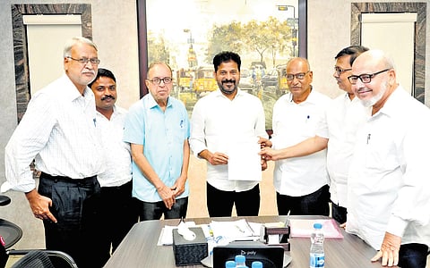 Members of the Peace Dialogue Committee submit a memorandum to Chief Minister A Revanth Reddy in Hyderabad on Sunday