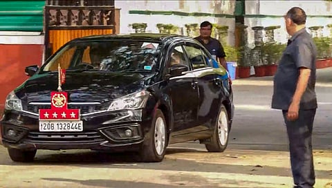 Chief of Defence Staff General Anil Chauhan leaves the residence 0f Defence Minister Rajnath Singh, in New Delhi, Sunday, April 27, 2025.